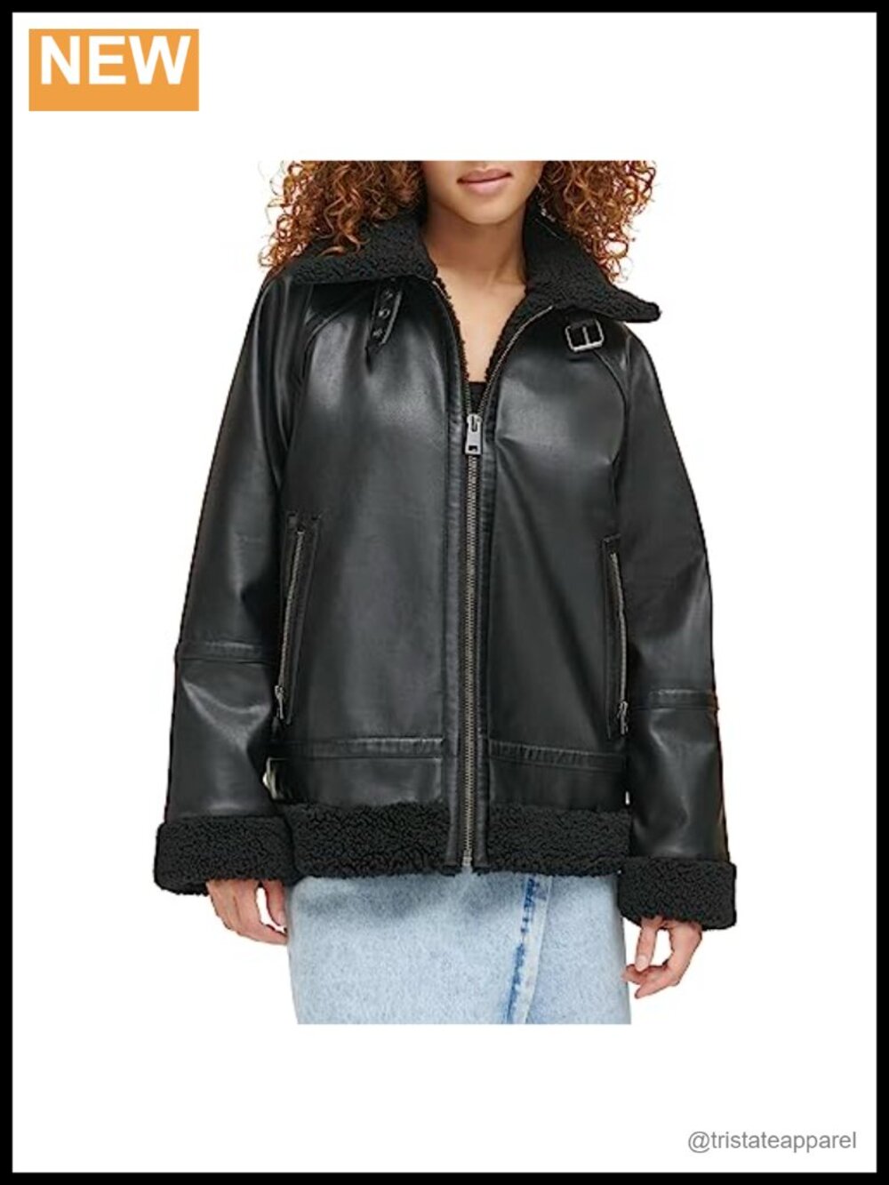 Women's Faux Leather Relaxed Aviator Jacket with Sherpa Trim